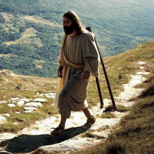 Prompt: Jesus walking via dolorossa with heavy cross pushing him to the ground