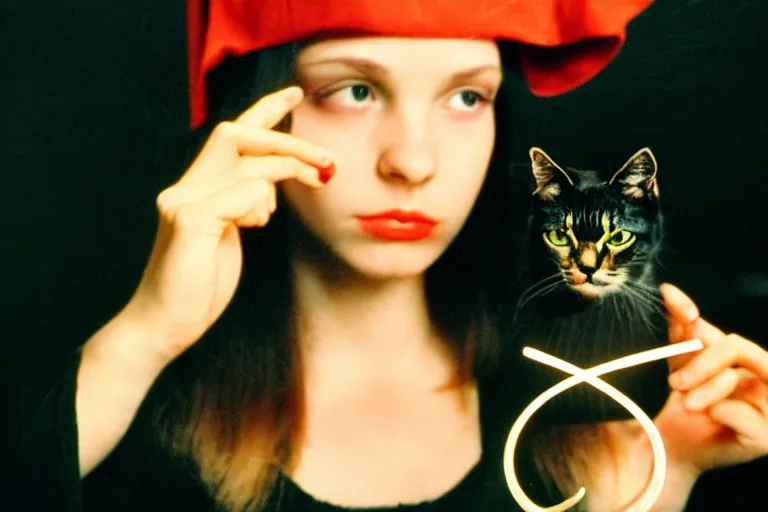 Prompt: close up portrait, dramatic lighting, concentration, calm confident teen witch and her cat, tarot cards displayed on the table in front of her, sage smoke, magic wand, a witch hat and cape, apothecary shelves in the background 1 9 7 0's photo, damaged film