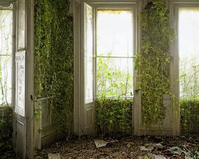 Prompt: Abandoned Bedroom, window overgrown with florid ivy, radiant morning light, by james gurney