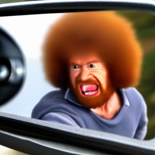 Image similar to a tiny screaming angry bob ross running your in rear view mirror