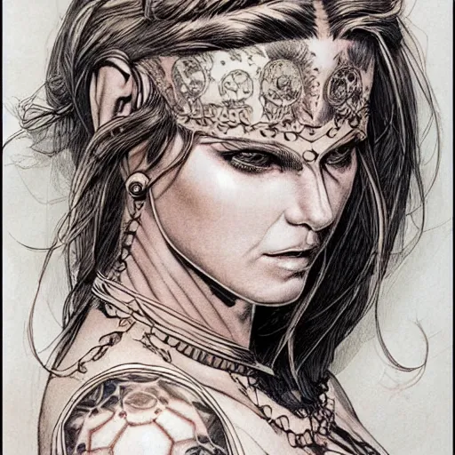 Image similar to a beautiful portrait of a heavily tattooed Roman woman Travis Charest style