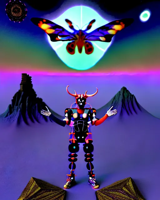Prompt: 3 d render of cyborg demon jester standing in cybernetic mountain landscape with castle ruins against a psychedelic surreal background with 3 d butterflies and 3 d flowers n the style of 1 9 9 0's cg graphics against the cloudy night sky, lsd dream emulator psx, 3 d rendered y 2 k aesthetic by ichiro tanida, 3 do magazine, wide shot