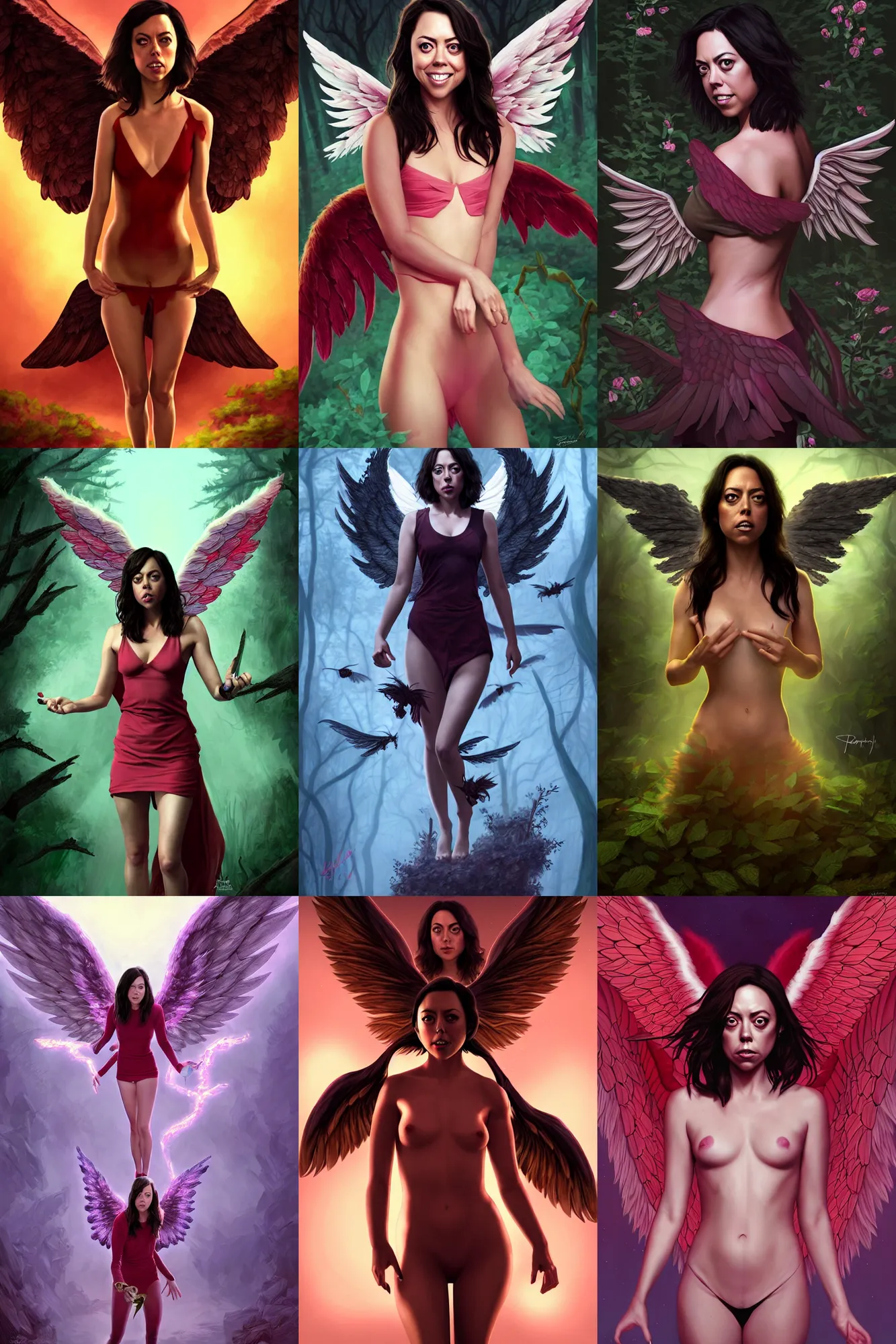 Prompt: aubrey plaza as a demon with wings, digital art, inspired by artgerm and dariusz zawadzki, border of roses, angelic, studio lighting, standing in the forest