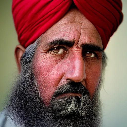 Prompt: portrait of president millard fillmore as afghan man, green eyes and red turban looking intently, photograph by steve mccurry