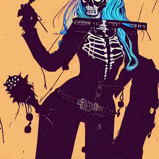 Image similar to a colorfully detailed comic noir style illustration of a beautiful woman wearing a skeleton suit in a post-apocalyptic desert by queens of the stone age and sachin teng, dark vibes, street art, cinematic, high contrast, depth of field