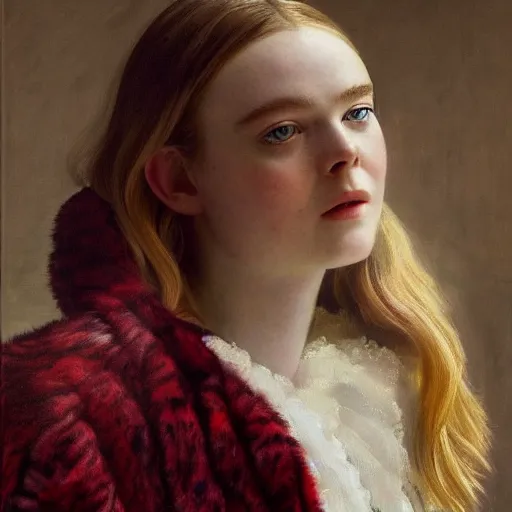 Image similar to Elle Fanning in a fur coat, religious masterpiece portrait, oil on canvas, golden hour, in the world of Andrew Wyeth, artstation, by J. C. Leyendecker and Peter Paul Rubens,