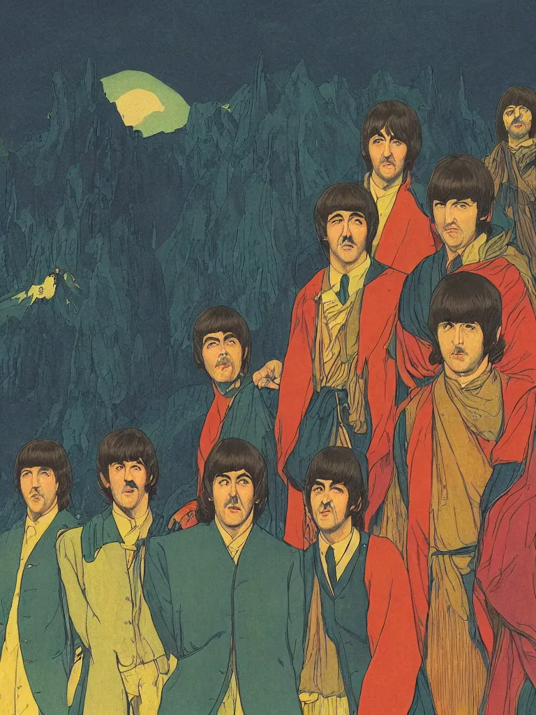 Image similar to an close up of the beatles as a characters from the lord of the rings, taking mind altering drugs, dreaming psychedelic hallucinations in the vast mordor landscape, by kawase hasui, moebius, edward hopper, colorful flat surreal design, dramatic lighting, hd, 8 k, artstation