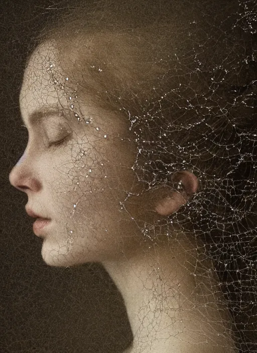 Image similar to a woman's face in profile, made of glistening cobwebs, in the style of the Dutch masters and Gregory Crewdson, dark and moody
