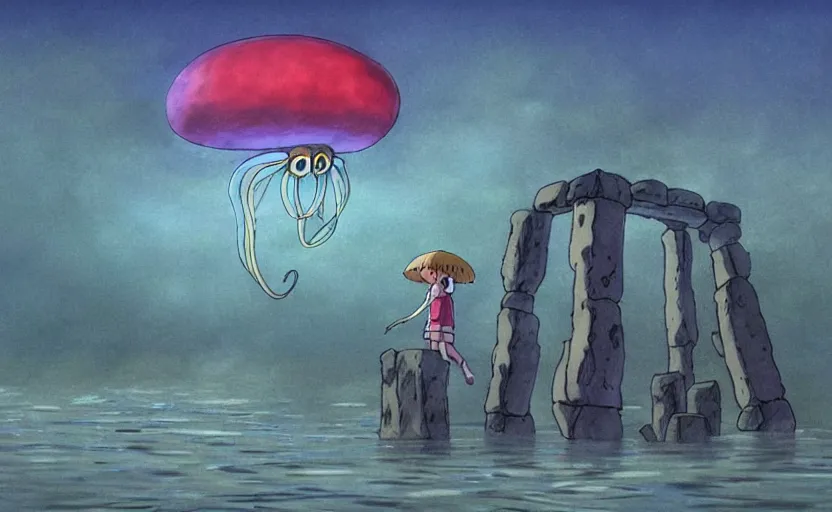 Image similar to a realistic cell - shaded studio ghibli concept art from paprika ( 2 0 0 6 ) of a flying multi - colored octopus from close encounters of the third kind ( 1 9 7 7 ) and a grey long - haired witch in a flooded stonehenge on a misty starry night. very dull colors, wide shot, hd, 4 k, hq