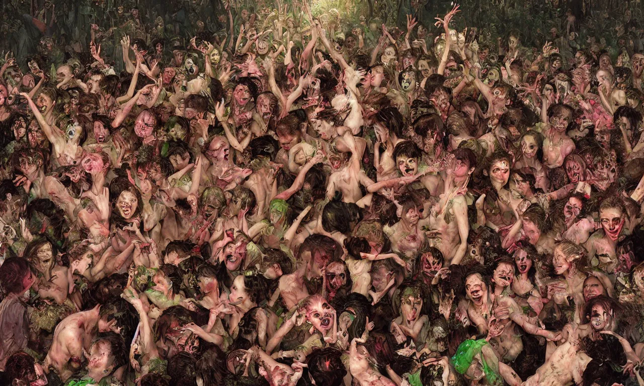 Image similar to a detailed digital art portait of undead nymphs in a mosh pit, art by norman rockwell, pixar style