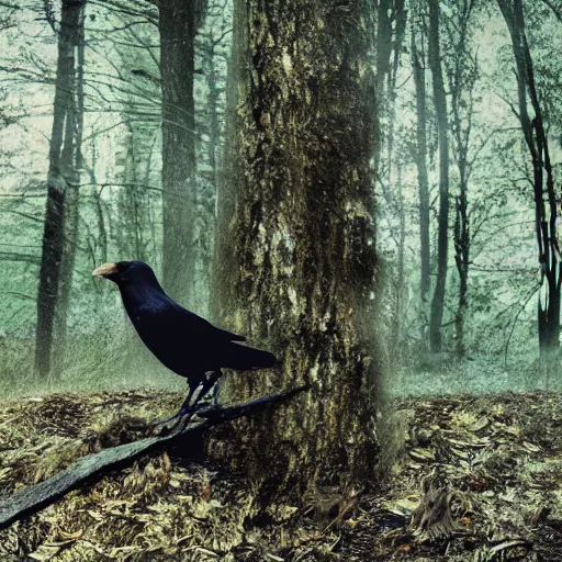 Image similar to mixture between a!! person and crow, photograph captured in a forest