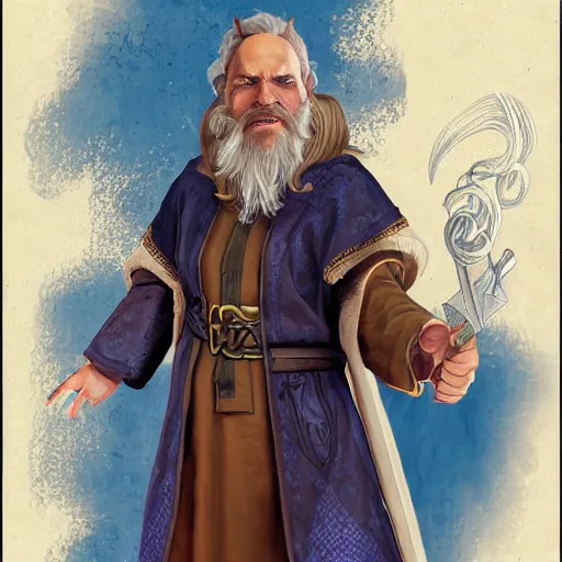 Image similar to Young bearded John Malkovich as Tarski Fiume, half-elf Time Wizard, iconic character art by Wayne Reynolds for Paizo Pathfinder RPG