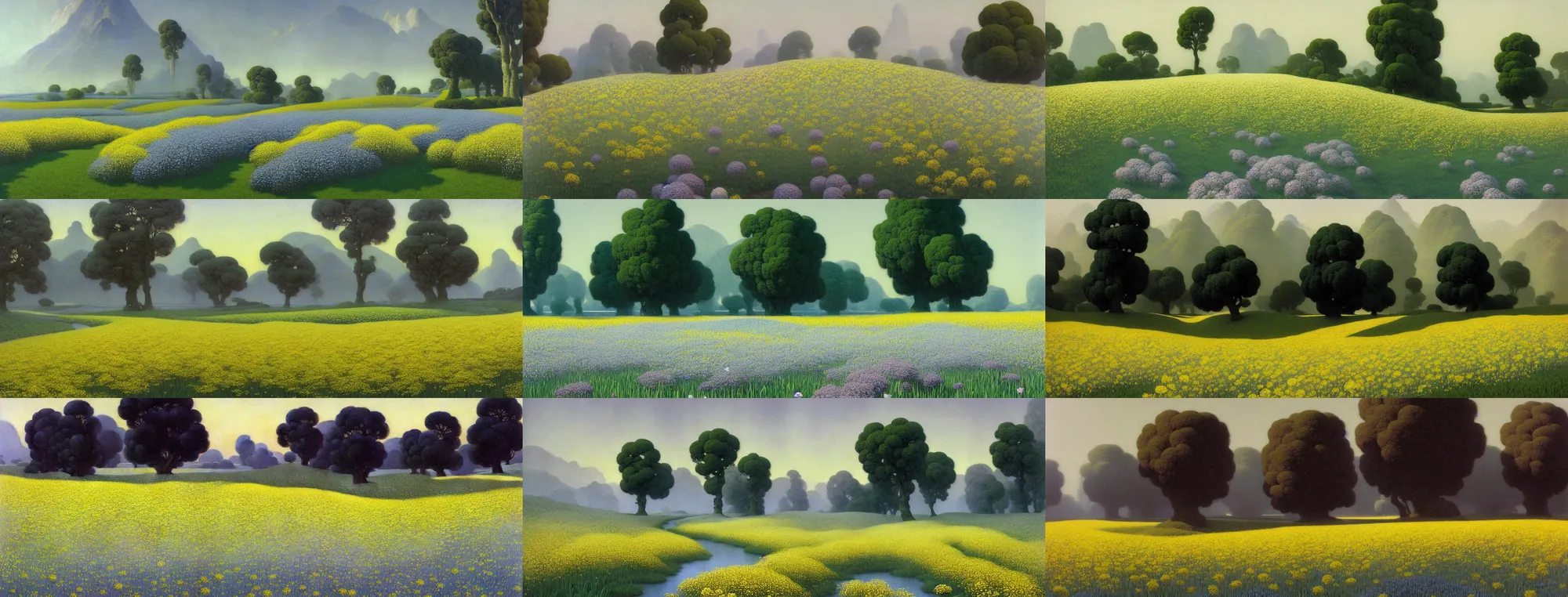 Prompt: a gorgeous spring landscape painting by barlowe wayne maxfield parrish and marco mazzoni. chinese field by the river!! rape flower field. grey blue and very little light verdancy. wet winding stone steps. ultra clear detailed. 3 d, octane render. fog, 8 k