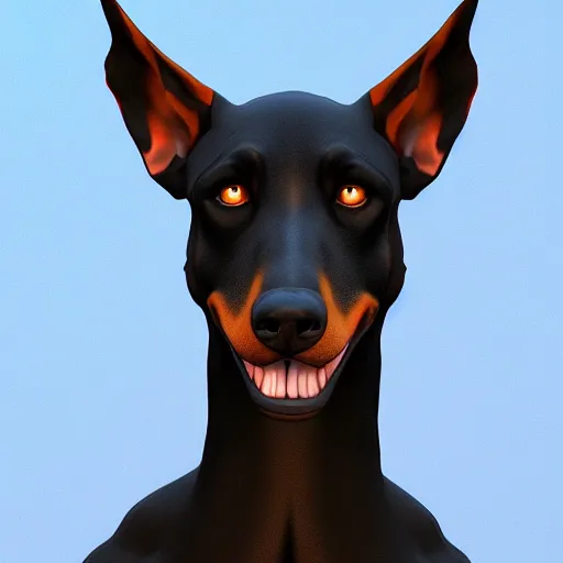Image similar to portrait of an antropomorphic doberman creature, black hair, human body, angry look, ready for battle, masterpiece, mattepainting concept blizzard pixar maya engine on cold night stylized background splash comics global illumination lighting artstation by samwise didier