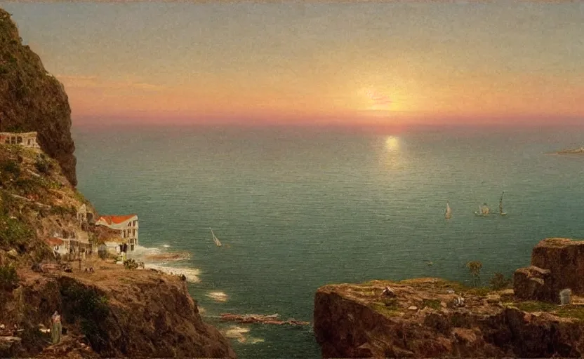 Image similar to early 1900s town on a cliff overlooking the ocean, at sunset, 4k, rule of thirds, extreme detail, hazy water, intricate ink illustration, trending on artstation, cgsociety, hd, calm, complimentary colours, realistic lighting, by Albert Bierstadt, Frederic Edwin Church.