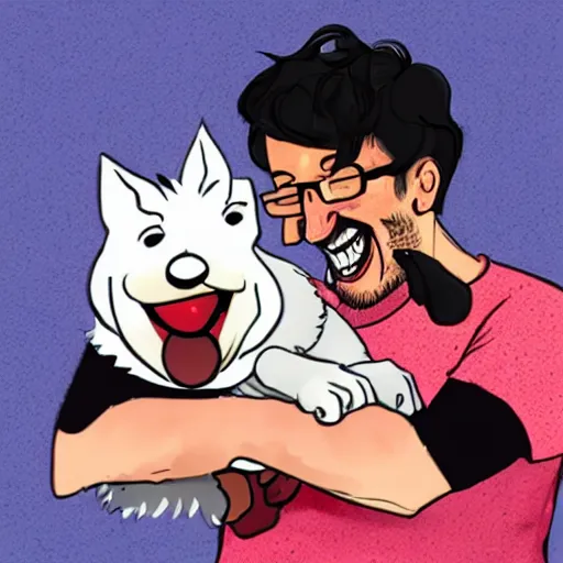 Image similar to a caricature of Markiplier laughing happily as he pets his dog.