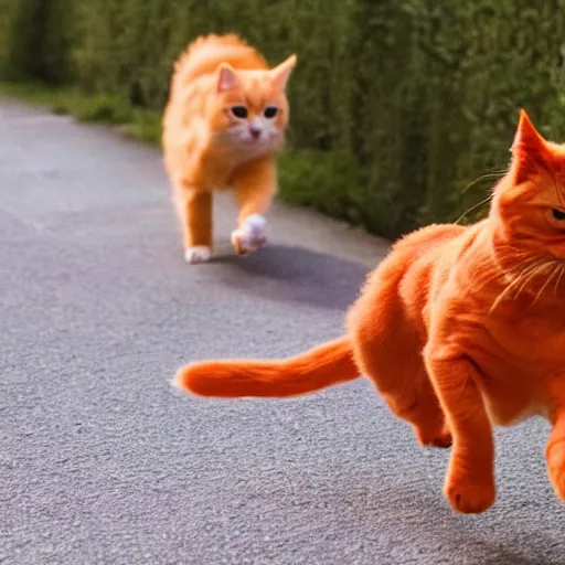 Image similar to a small dog being chased by a big fat orange cat