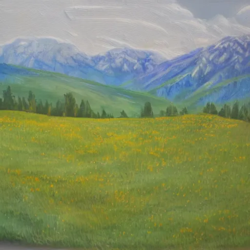 Prompt: cozy meadow at the base of a mountain. Oil on vellum.