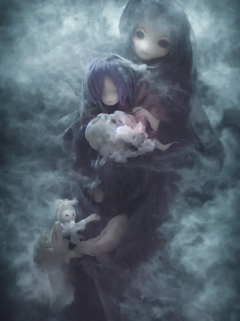 Prompt: cute fumo plush of a cursed frail witch girl held tight in the arms of a translucent ghost mother, hugging and cradling, anime, melting volumetric smoke and fog, environment map pbr reflective stormy water, gothic maiden, bokeh, vignette, vray