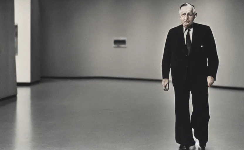 Image similar to 50s movie still close-up portrait of an elder soviet general walking in an empty museum, by David Bailey, Cinestill 800t 50mm eastmancolor, heavy grainy picture, very detailed, high quality, 4k, HD criterion, precise texture and facial expression