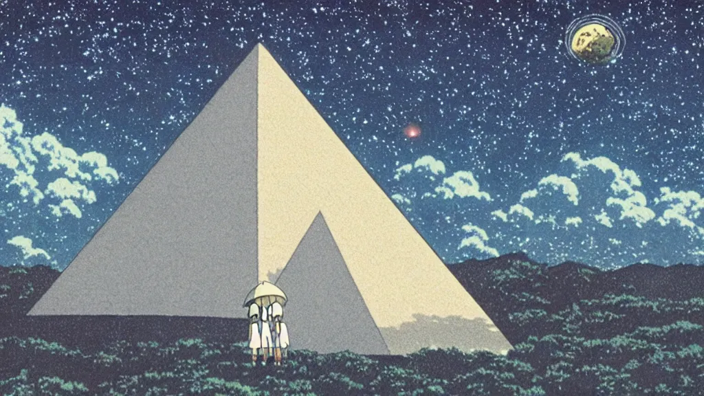 Prompt: a movie still from a studio ghibli film showing a floating large white pyramid, an alien, and a ufo on a misty and starry night. by studio ghibli