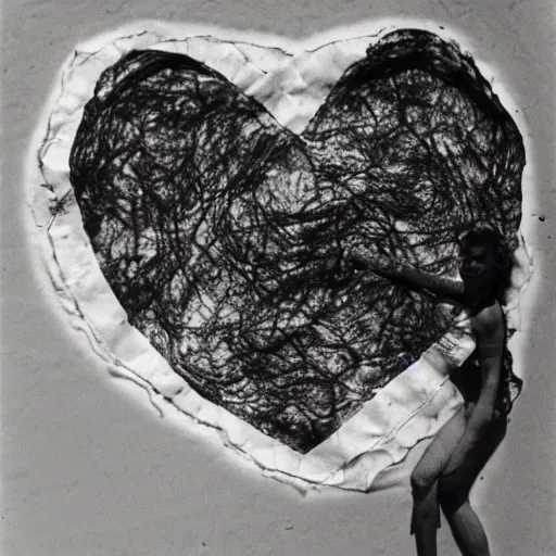 Image similar to A crumpled and burnt napkin in the shape of a heart, floating over a woman, by Lucien Clergue