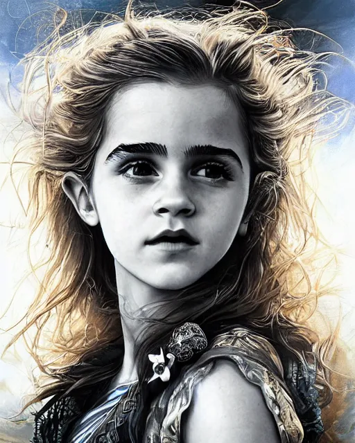 Prompt: very complex hyper-maximalist overdetailed cinematic tribal fantasy closeup macro portrait of a heavenly beautiful cute young Emma Watson with windblown hair, flirting smiling, vibrant high contrast, by andrei riabovitchev, tomasz alen kopera,moleksandra shchaslyva, peter mohrbacher, Omnious intricate, octane, moebius, arney freytag, Fashion photo shoot,, glamorous, tattoos,shot in the photo studio, professional studio lighting, backlit, rim lighting, Deviant-art, hyper detailed illustration, 8k