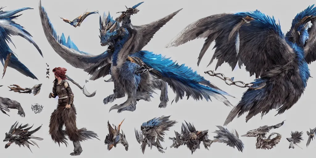 Image similar to Azure feathered winged wolf character design sheet, Monster Hunter Illustrations art book, big claws, huge wings, long tail, Moebius, Greg Rutkowski, Zabrocki, Karlkka, Jayison Devadas, Phuoc Quan, trending on Artstation, 8K, ultra wide angle, zenith view, pincushion lens effect.