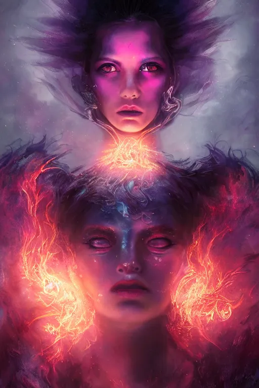 Prompt: a beautiful portrait of a young cosmic Demon women covered in deep purple flames with an intense look on her face by Greg Rutkowski, Sung Choi, Mitchell Mohrhauser, Maciej Kuciara, Johnson Ting, Maxim Verehin, Peter Konig, Bloodborne , 8k photorealistic, cinematic lighting, HD, high details, atmospheric , trending on artstation