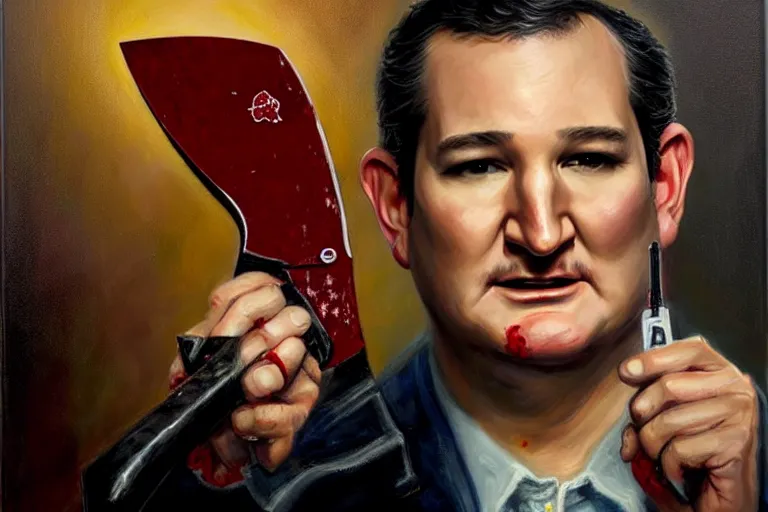 Image similar to portrait of ted cruz with a knife as the zodiac killer bloodied, an oil painting by ross tran and thomas kincade