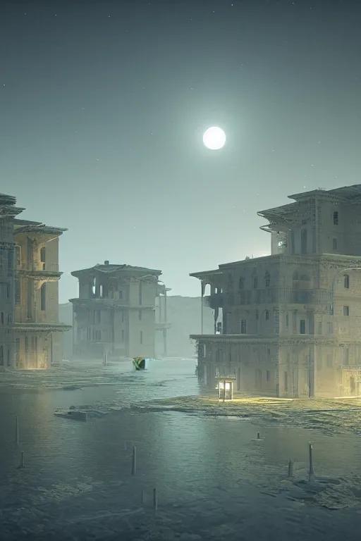 Image similar to the only building hovering over a deserted oasis on a moonlit night, clear focus, illustration, unreal engine 5, 8 k, in the style of peter morbacher, zek yerki, greg rutkowski, dim picturesque lighting of volumetric water bodies