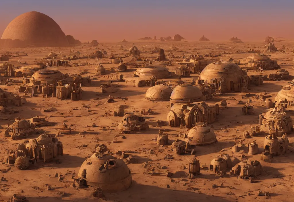 Image similar to tatooine desert town, morning, star wars