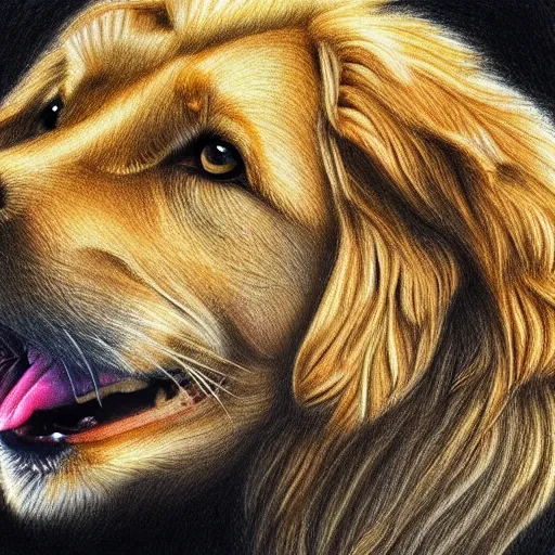 Prompt: finished drawing of a golden retriever lion, crayons. high details, photorealistic, artstation trending