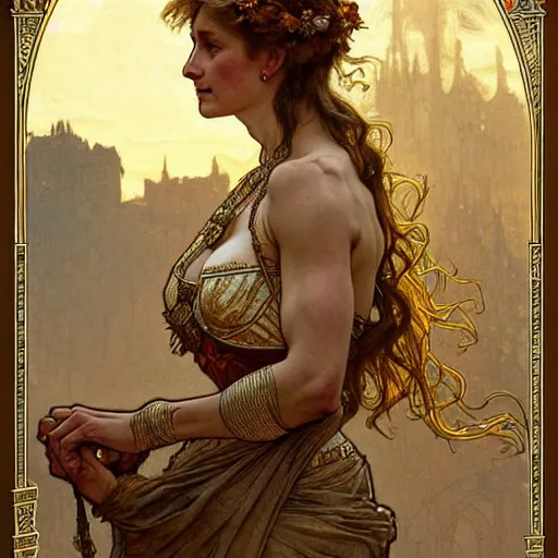 Image similar to highly detailed portrait of a majestic lioness queen in the form of a beautiful woman. d & d, art by anton pieck and augustus edwin mulready and alphonse mucha and magali villeneuve. trending on artstation, intricate details, energetic composition, golden ratio, concept art, illustration, elegant art