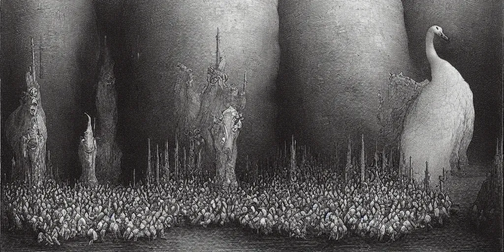 Image similar to gargantuan geese guarding the gates of hell, art by gustave dore, hieronimus bosch