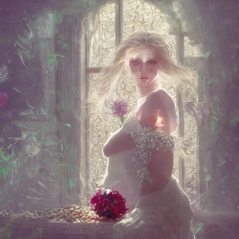 Image similar to a blonde girl in white dress in beautiful window, necklace with a fruit seed ornament, ocean eyes, light freckles, incense smoke and flowers in the background, portrait, mucha, conceptart, medium shot, unreal, octane, symmetrical, photorealism.