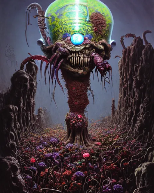 Prompt: the platonic ideal of flowers, rotting, insects and praying of cletus kasady carnage thanos dementor wild hunt chtulu mandelbulb schpongle tsar bomba bioshock xenomorph akira, ego death, decay, dmt, psilocybin, concept art by randy vargas and zdzisław beksinski