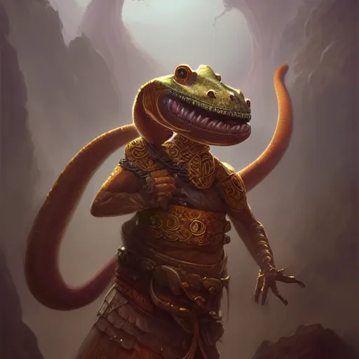 Image similar to Cute anthropomorphic Gecko as a Great Bagatur in Ancient Kazakh Khanate, Turkic, cover art, ultra wide lens shot, pretty, beautiful, DnD character art portrait, matte fantasy painting, DeviantArt Artstation, by Jason Felix by Steve Argyle by Tyler Jacobson by Peter Mohrbacher, cinematic lighting