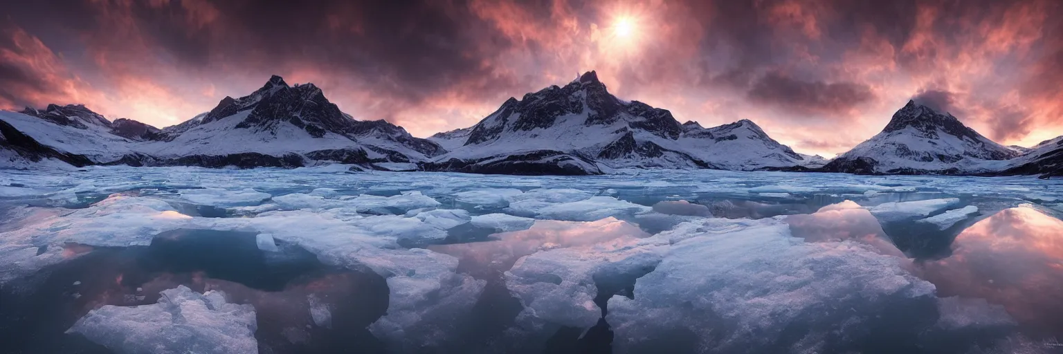 Image similar to amazing landscape photo of A (gigantic) monster trapped under the ice transparent frozen lake at sunset by marc adamus beautiful dramatic lighting