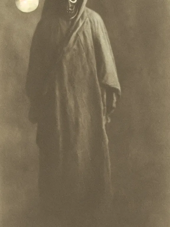 Image similar to portrait of faceless grim reaper with covered face and bright glowing eyes, ww1 photo, grainy, high detail, high resolution,