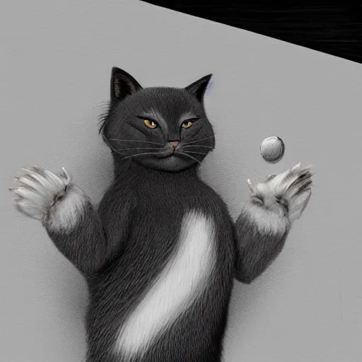 Prompt: a big indifferent looking dark grey cat with white belly, white paws and white face markings with long fur and fluffy tail sitting, intricate, elegant, highly detailed, digital painting, artstation, concept art, matte, sharp focus, illustration, art by Leonardo da vinci