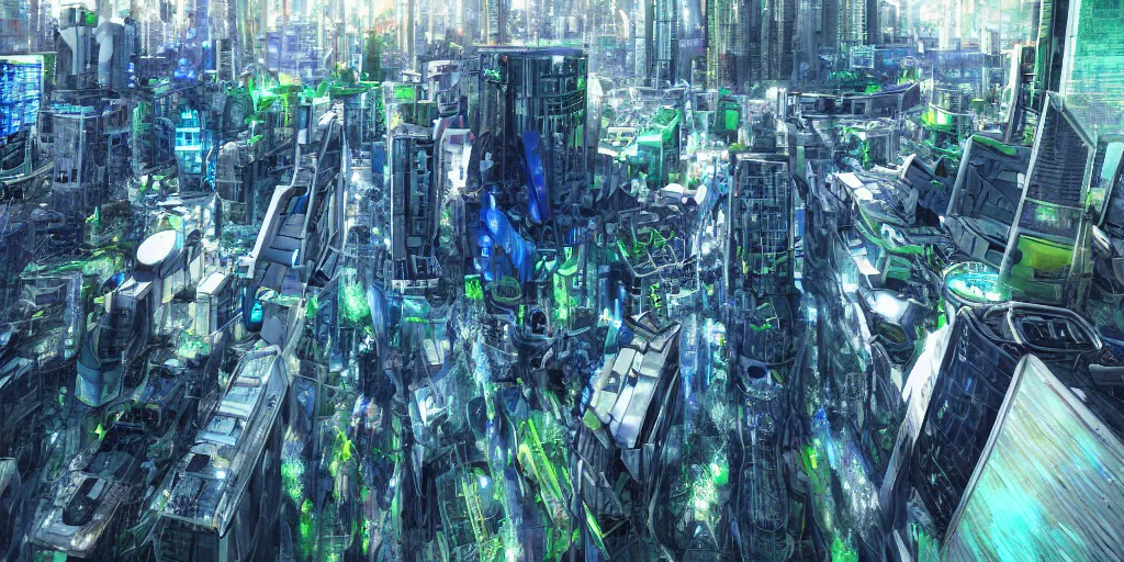 Image similar to neo brutralism, futuristic architectural art of Tokyo in 2049, colorful, hyperrealistic, octane render, 8k, realistic depth, 3D feeling, sunlight, shadows, reflections, romanticism, wallpaper, dark blue and green tones, uplight, in the style of Akihiko Yoshida