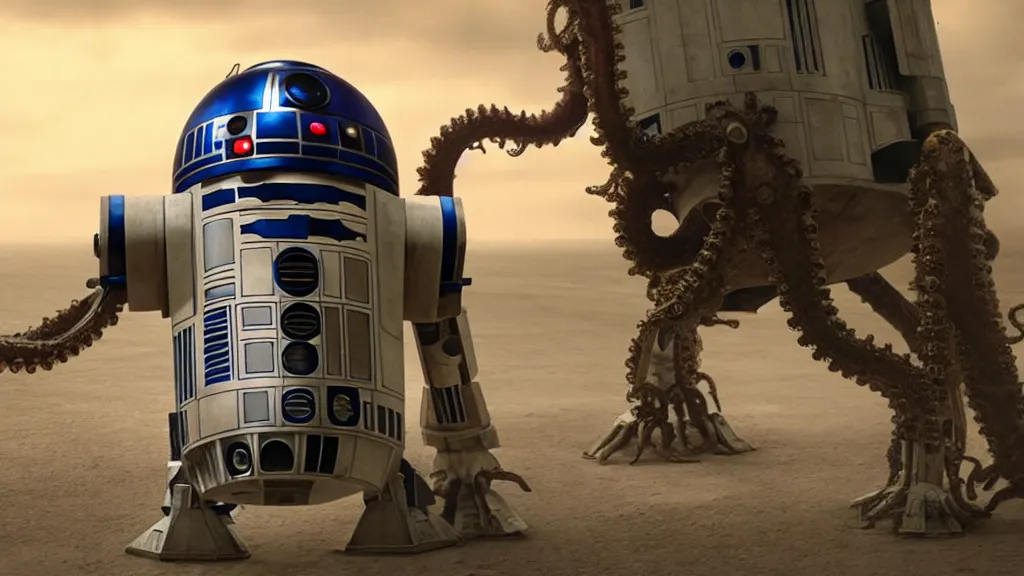 Prompt: r 2 d 2, mixed with an eldritch horror monster, with mechanical tentacles, film still from the movie directed by denis villeneuve with art direction by salvador dali