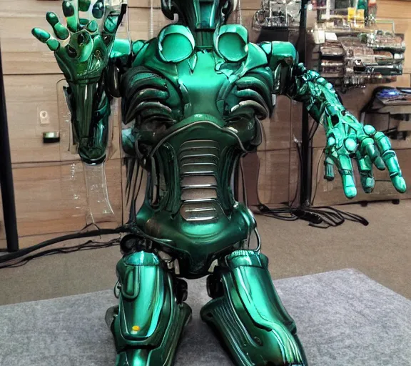 Image similar to h. r. giger esque full front view of a friendly happy emerald ultron from age of ultron fresh of the production line washed clean shiny _ clockwork steampunk, t - 8 0 0, robocop, robot hands