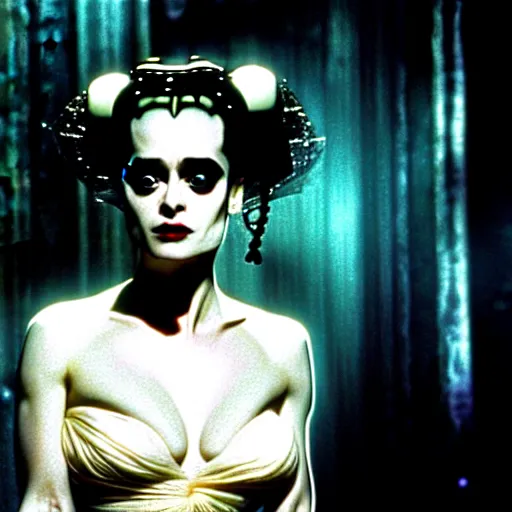 Image similar to cinematic portrait of gentle helena bonham carter as bride of frankenstein as a replicant in a busy nightclub,, still from the movie bladerunner, fashion photography, a sign is in the background, 8 k, high detail, face in focus