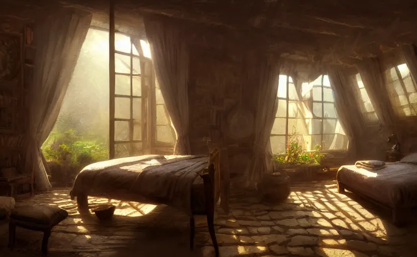 Prompt: painting of an interior of a cozy bedroom carved in a moutain, small hot spring and lush garden outside, other bedrooms can be seen, natural light, fantasy, natural light, concept art, by greg rutkowski and craig mullins, cozy atmospheric and cinematic lighting, trending on artstation