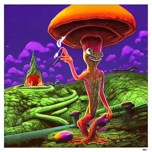 Image similar to A centered chest up portrait of a psychedelic godlike anthropomorphic frog smoking a hand-rolled cigarette smoking heavily , magic mushroom village in background . award winning. superb resolution. in the art style of junji Ito and greg rutkowski . Detailed Mushroom city in background. Hyper realistic anime. Perfect art. Dalle2