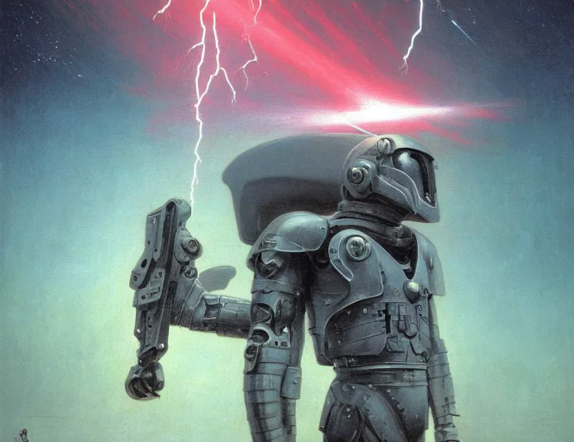 Image similar to a detailed portrait painting of a lone bounty hunter wearing combat armour. Laser eyes. Head and chest only. Movie scene, cinematic sci-fi scene. Flight suit, cloth and metal, accurate anatomy. portrait symmetrical and science fiction theme with lightning, aurora lighting. clouds and stars. Futurism by beksinski carl spitzweg moebius and tuomas korpi. baroque elements. baroque element. intricate artwork by caravaggio. Oil painting. Trending on artstation. 8k