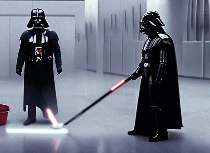 Prompt: film still of Darth Vader working as a janitor in the new Star Wars movie, 4k