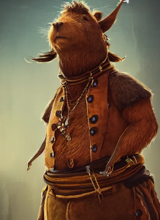 Image similar to detailed concept art illustration painting of an anthropomorphic capybara pirate in full intricate clothing, ultra detailed, digital art, octane render, 4K